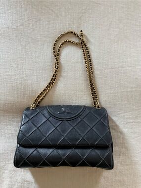 Tory Burch Black Quilted Shoulder Bag with Gold Chain Strap